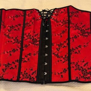 NWT Red Ribbed Strapless Corset with Black Floral Design Top with thong lingerie